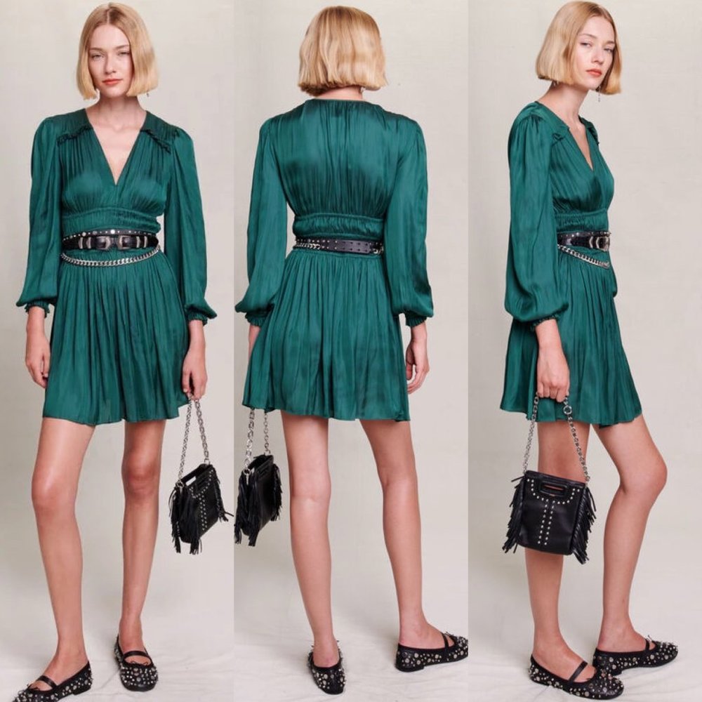 Maje Emerald Green V-Neck Pleated Mini Dress - Picture 2 of 12